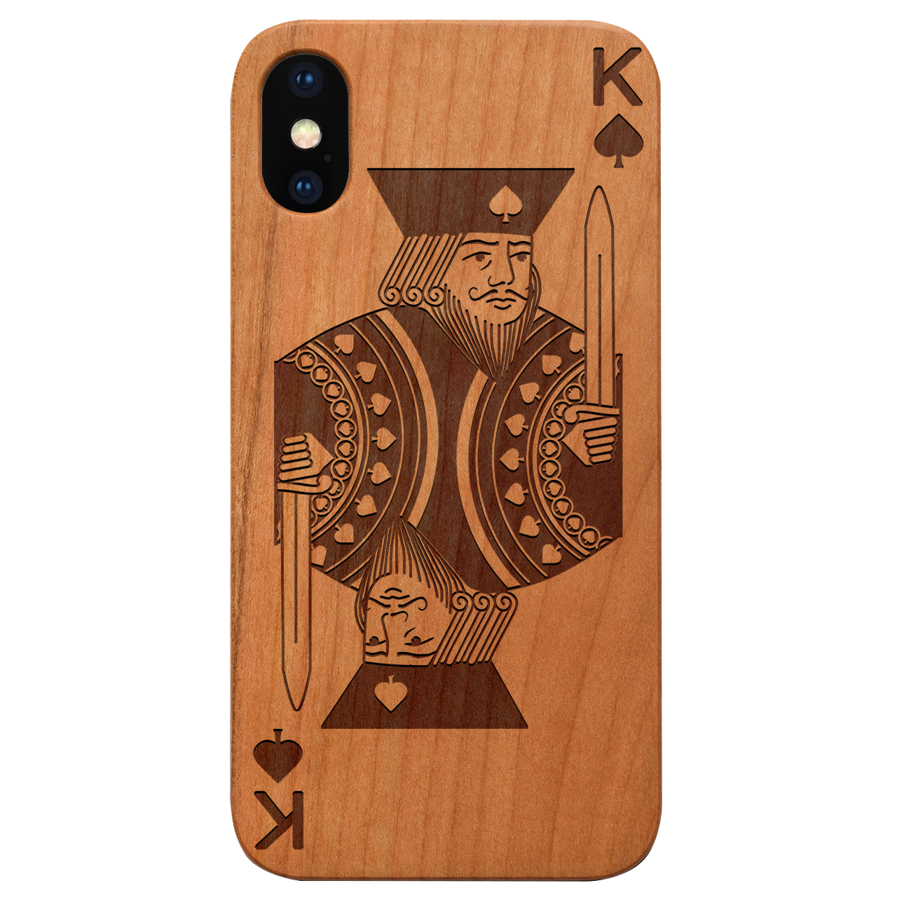 King of Spades - Engraved wooden phone case showcasing intricate laser engraving and natural wood finish.