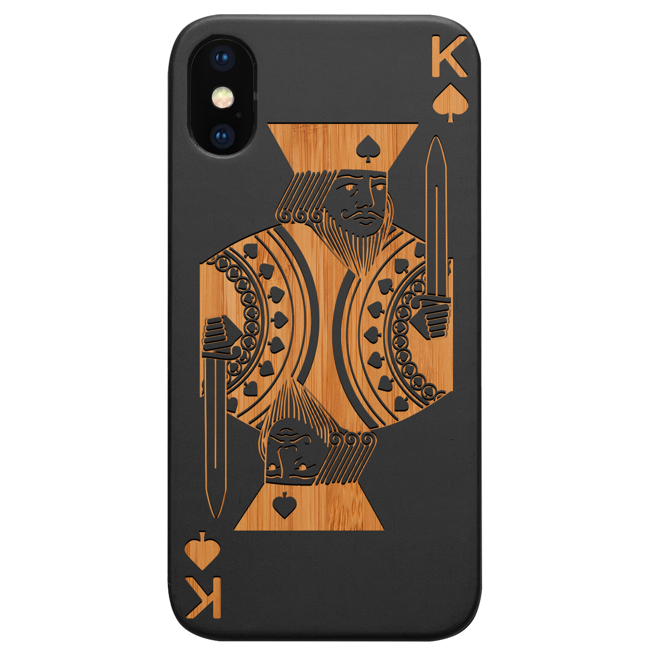 King of Spades - Engraved wooden phone case showcasing intricate laser engraving and natural wood finish.