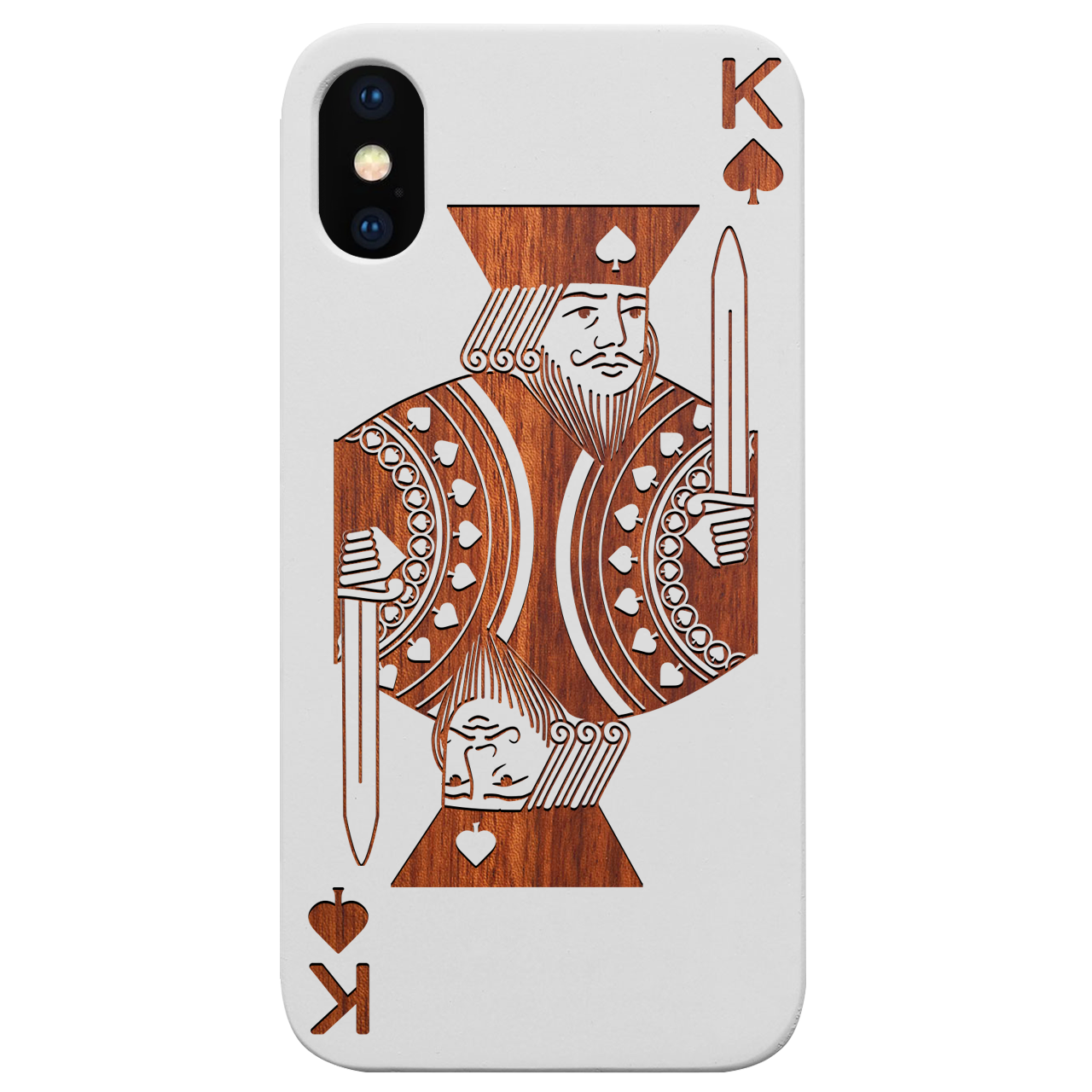 King of Spades - Engraved wooden phone case showcasing intricate laser engraving and natural wood finish.