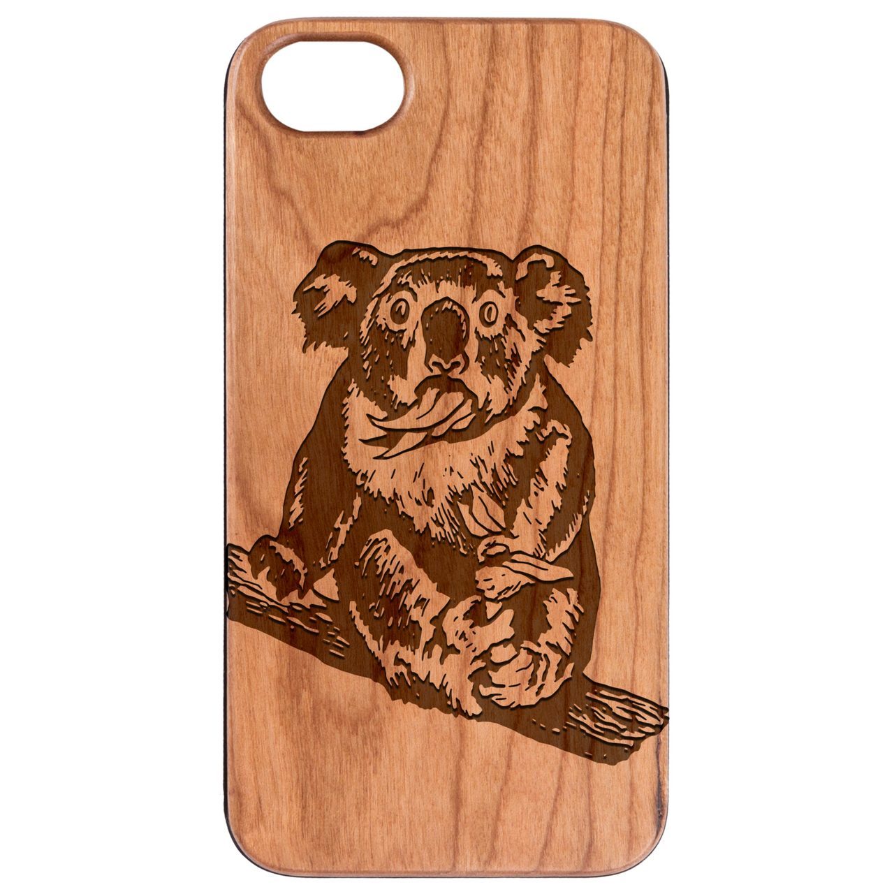 Koala Engraved wooden phone case showcasing unique laser-engraved design and natural wood finish.