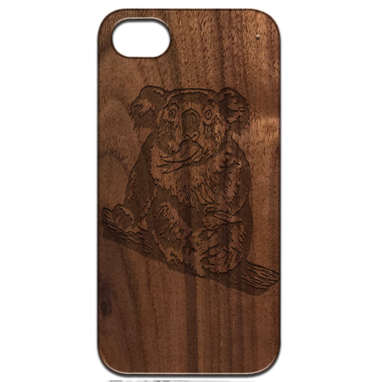 Koala Engraved wooden phone case showcasing unique laser-engraved design and natural wood finish.