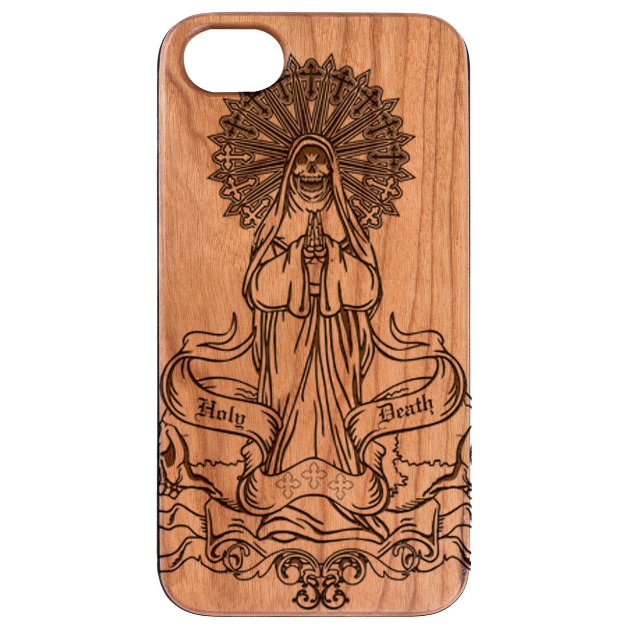 La Santa Muerte 1 - Engraved wooden phone case showcasing intricate laser engraving and natural wood finish.