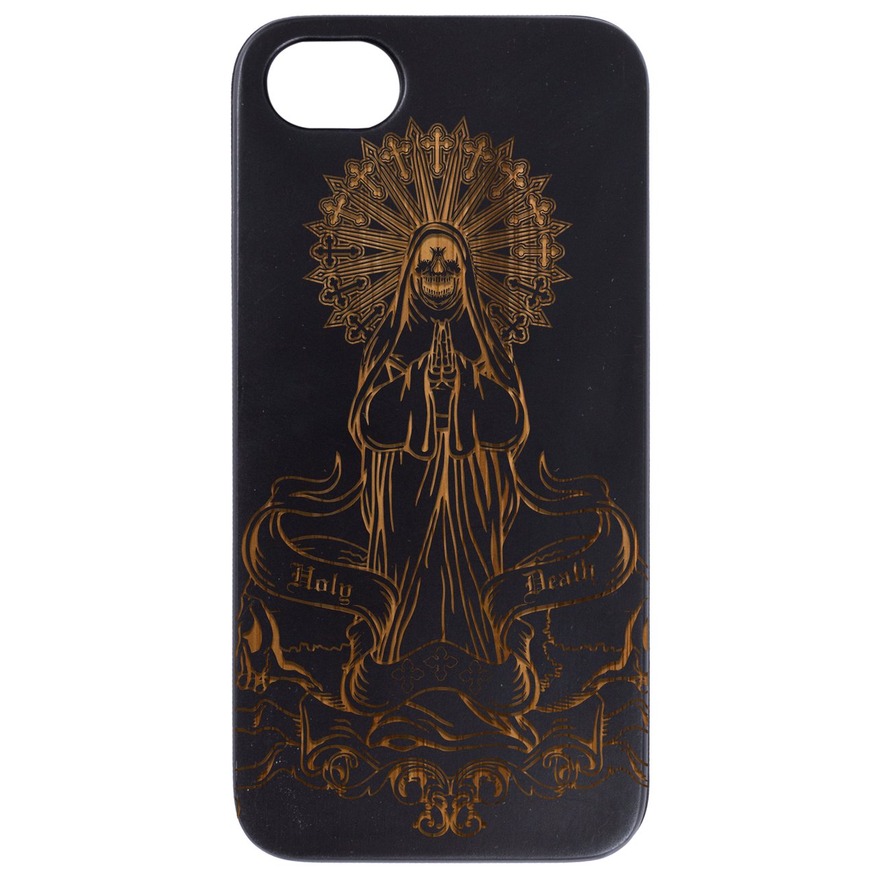 La Santa Muerte 1 - Engraved wooden phone case showcasing intricate laser engraving and natural wood finish.