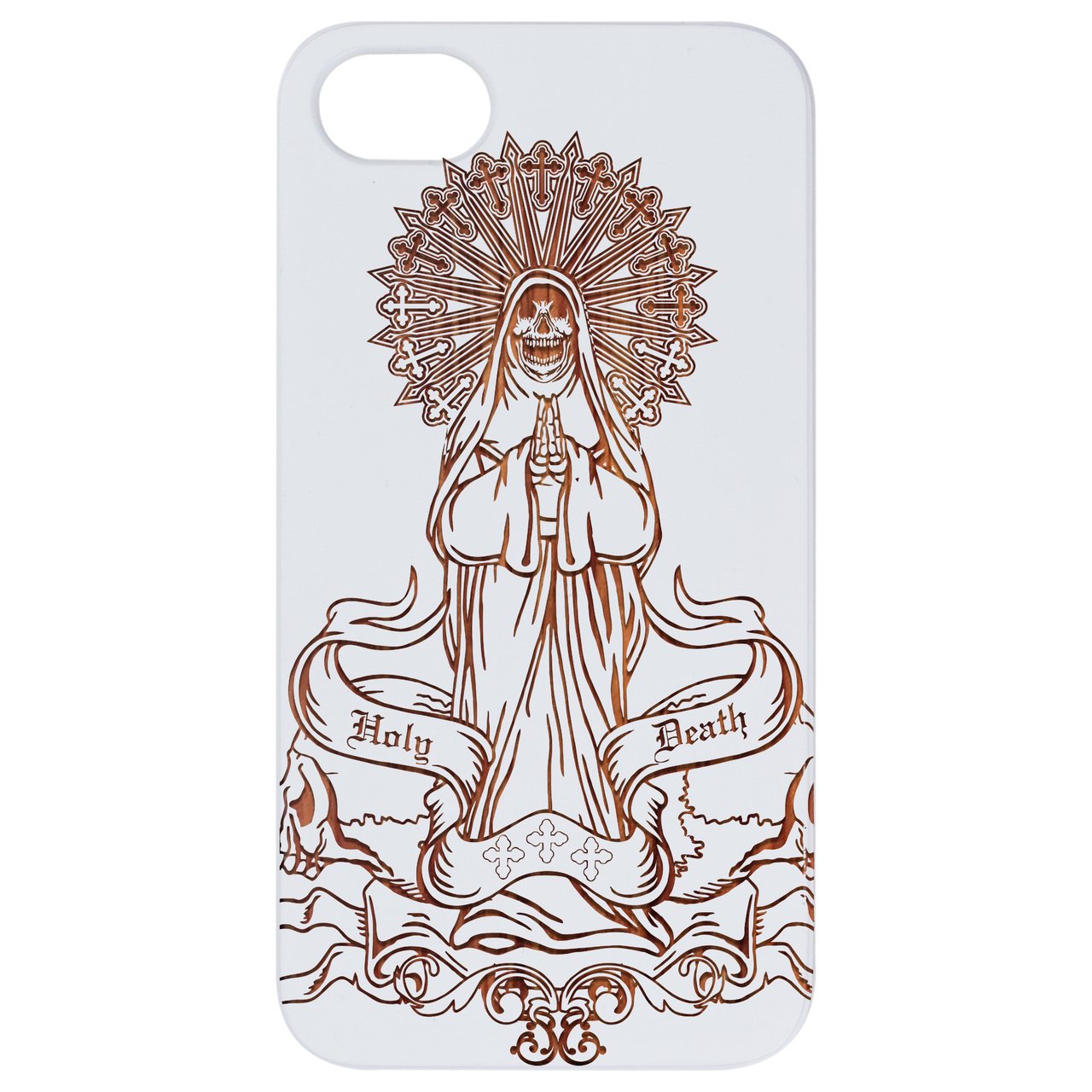 La Santa Muerte 1 - Engraved wooden phone case showcasing intricate laser engraving and natural wood finish.