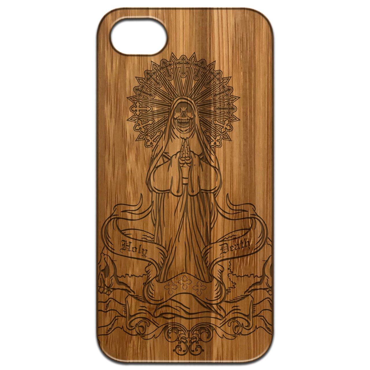 La Santa Muerte 1 - Engraved wooden phone case showcasing intricate laser engraving and natural wood finish.