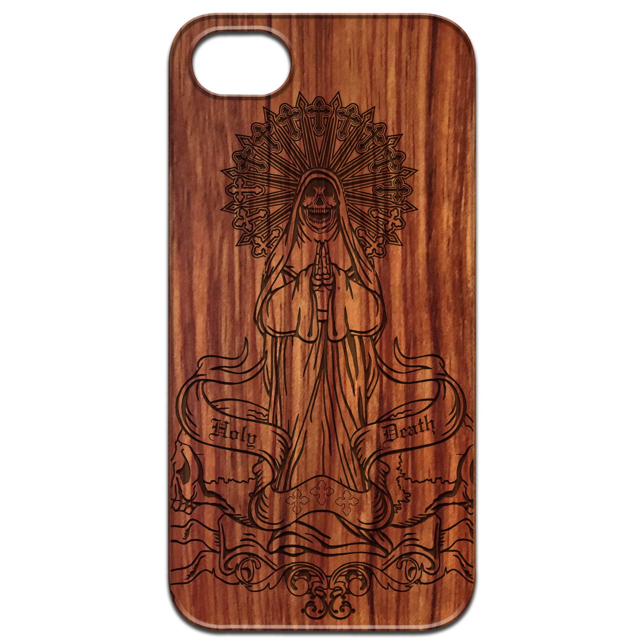 La Santa Muerte 1 - Engraved wooden phone case showcasing intricate laser engraving and natural wood finish.