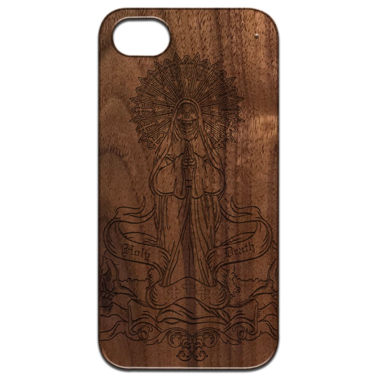 La Santa Muerte 1 - Engraved wooden phone case showcasing intricate laser engraving and natural wood finish.