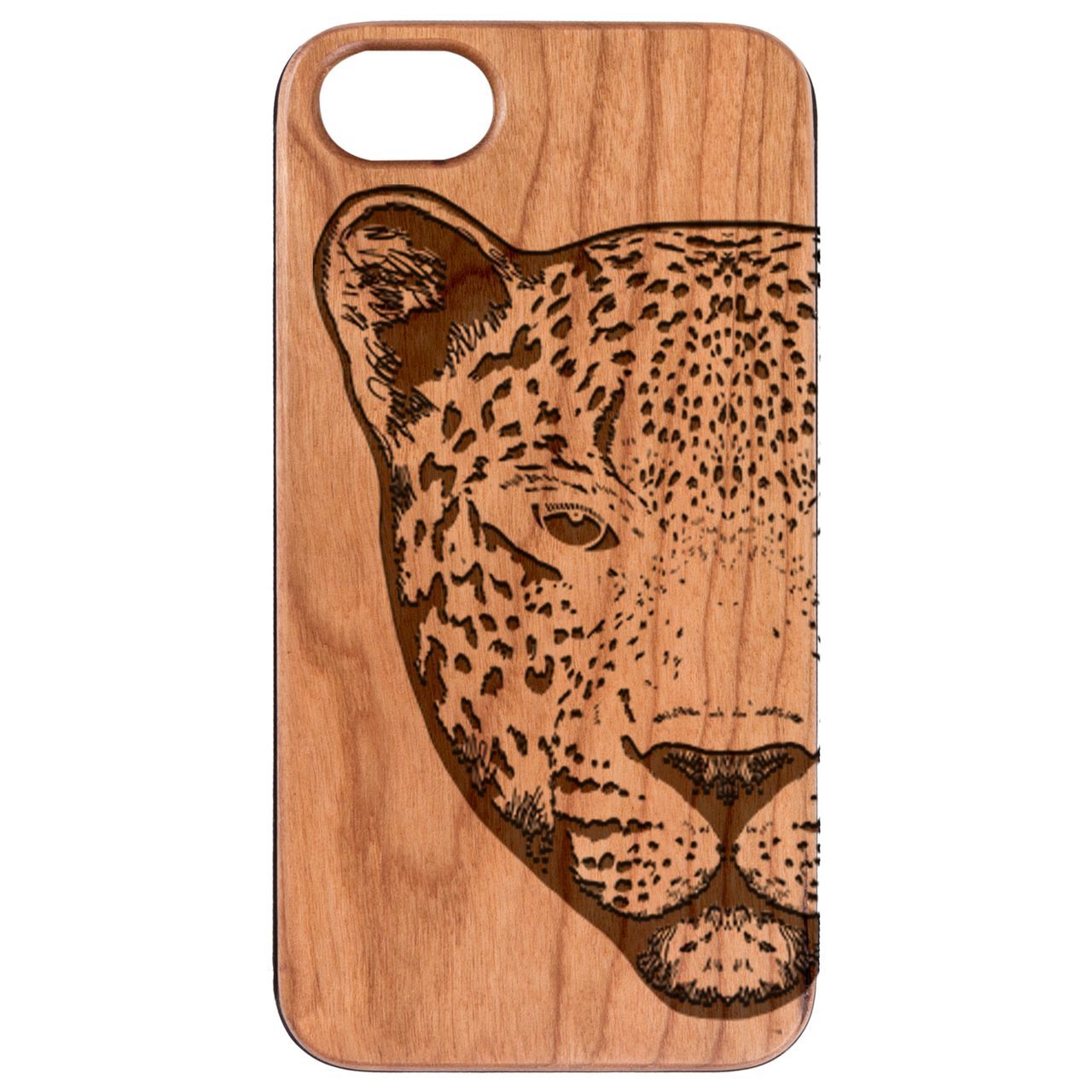 Leopard Engraved wooden phone case showcasing intricate laser-engraved design and natural wood finish.