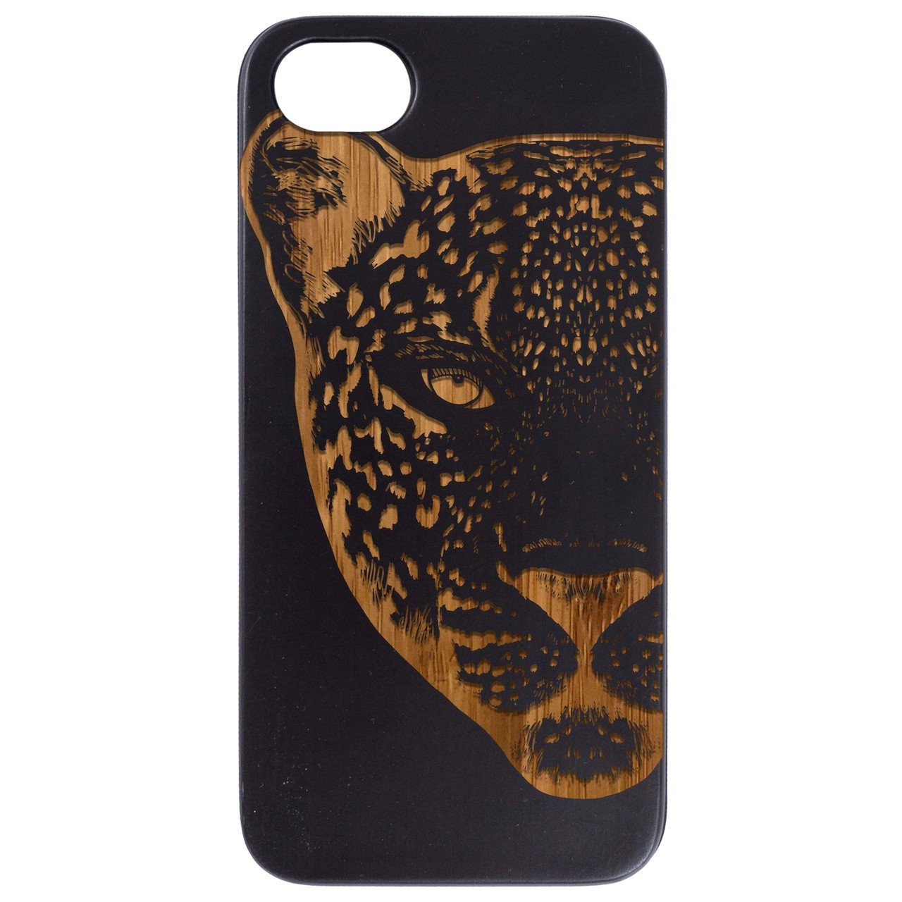 Leopard Engraved wooden phone case showcasing intricate laser-engraved design and natural wood finish.