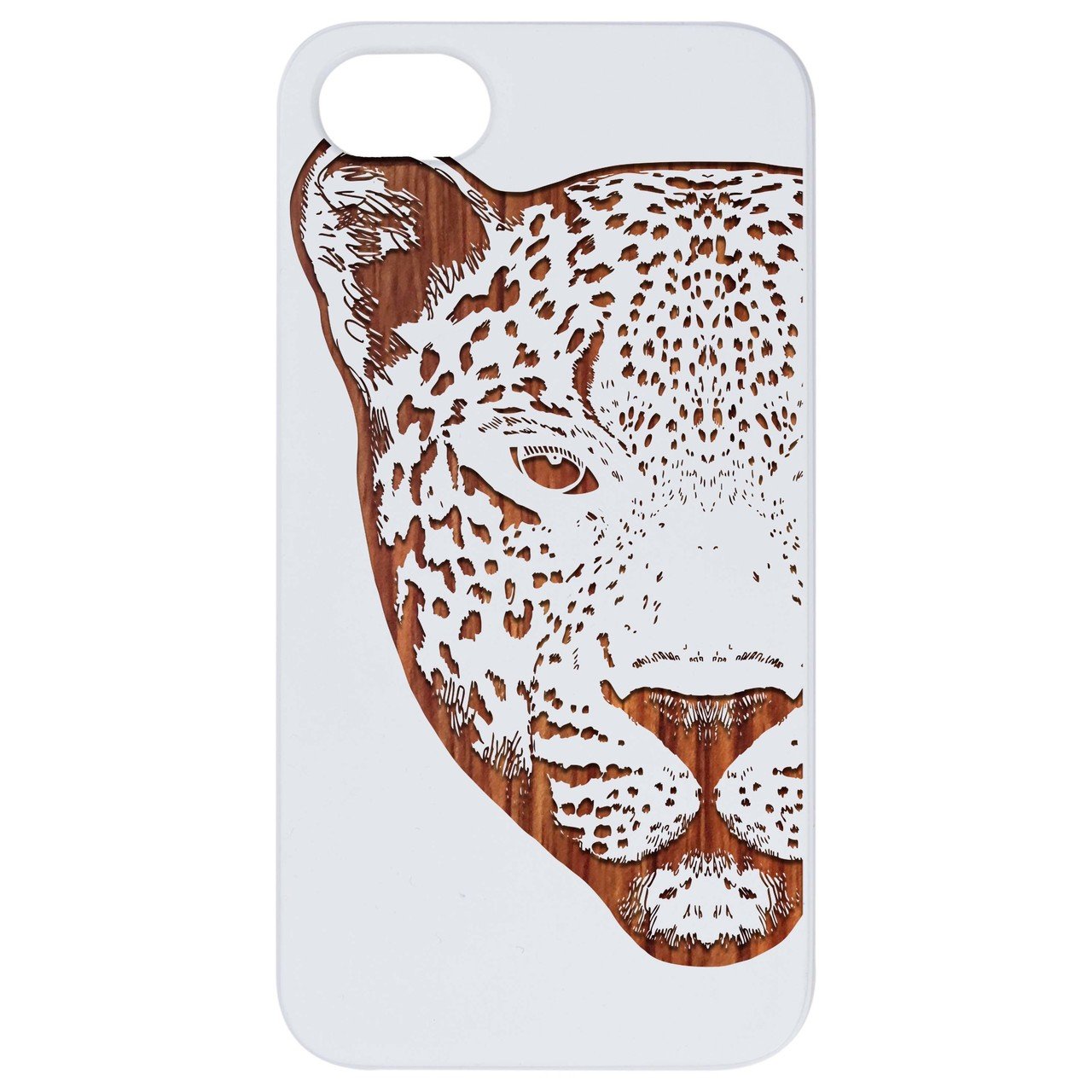 Leopard Engraved wooden phone case showcasing intricate laser-engraved design and natural wood finish.