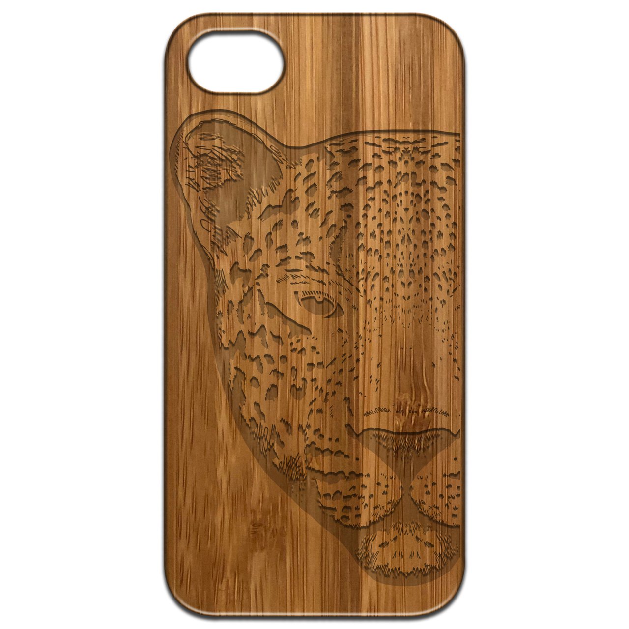 Leopard Engraved wooden phone case showcasing intricate laser-engraved design and natural wood finish.