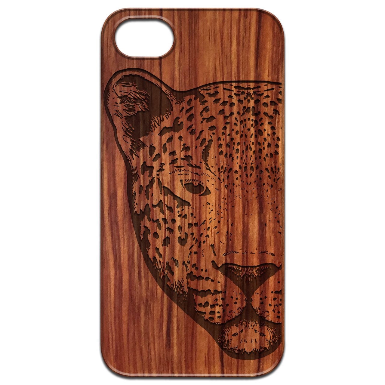 Leopard Engraved wooden phone case showcasing intricate laser-engraved design and natural wood finish.