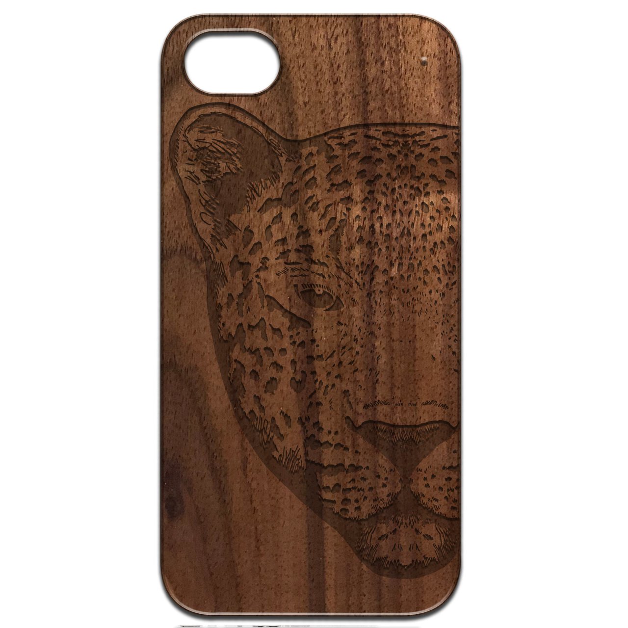 Leopard Engraved wooden phone case showcasing intricate laser-engraved design and natural wood finish.