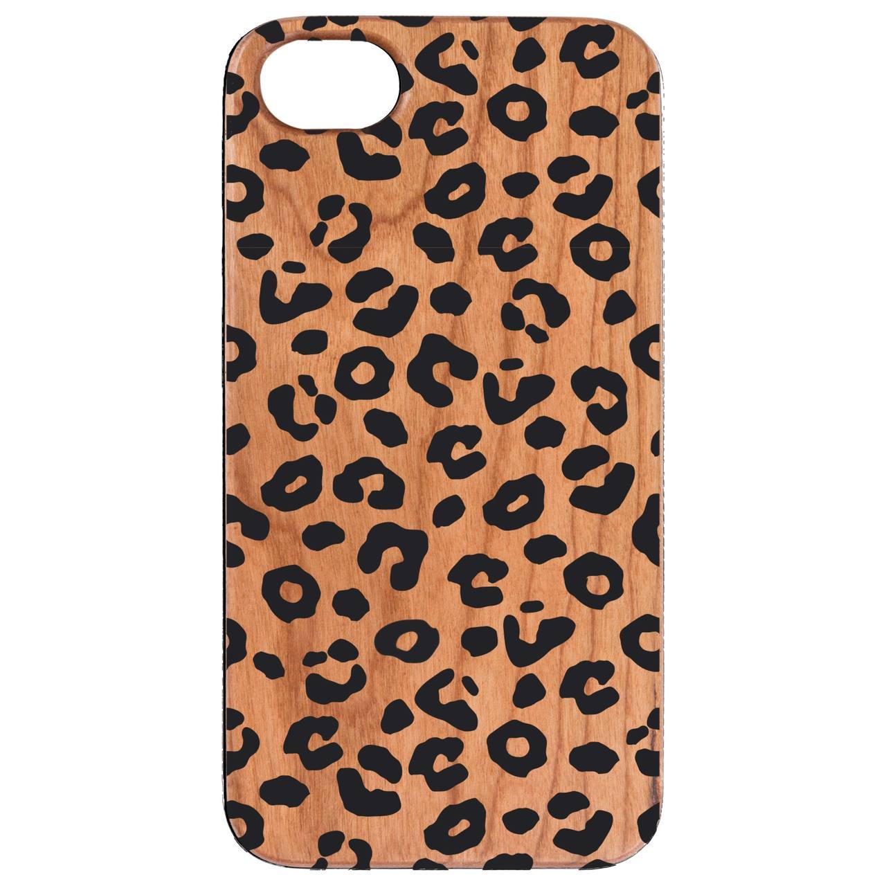 Leopard Pattern UV Color Printed phone case showcasing vibrant colors and natural wood texture.