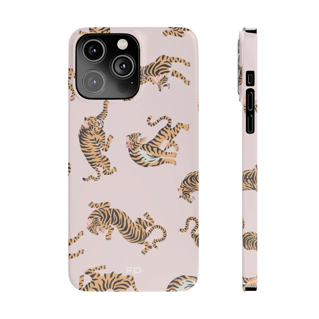 Leopard with Roses Slim Case for iPhone 14, showcasing a stylish design with a glossy finish and slim profile.