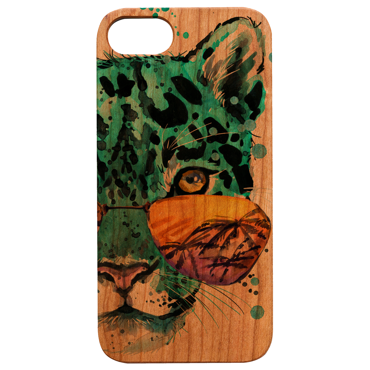 Leopard with sunglasses phone case showcasing vibrant UV color printing on a wooden surface, designed for iPhone and Samsung models.