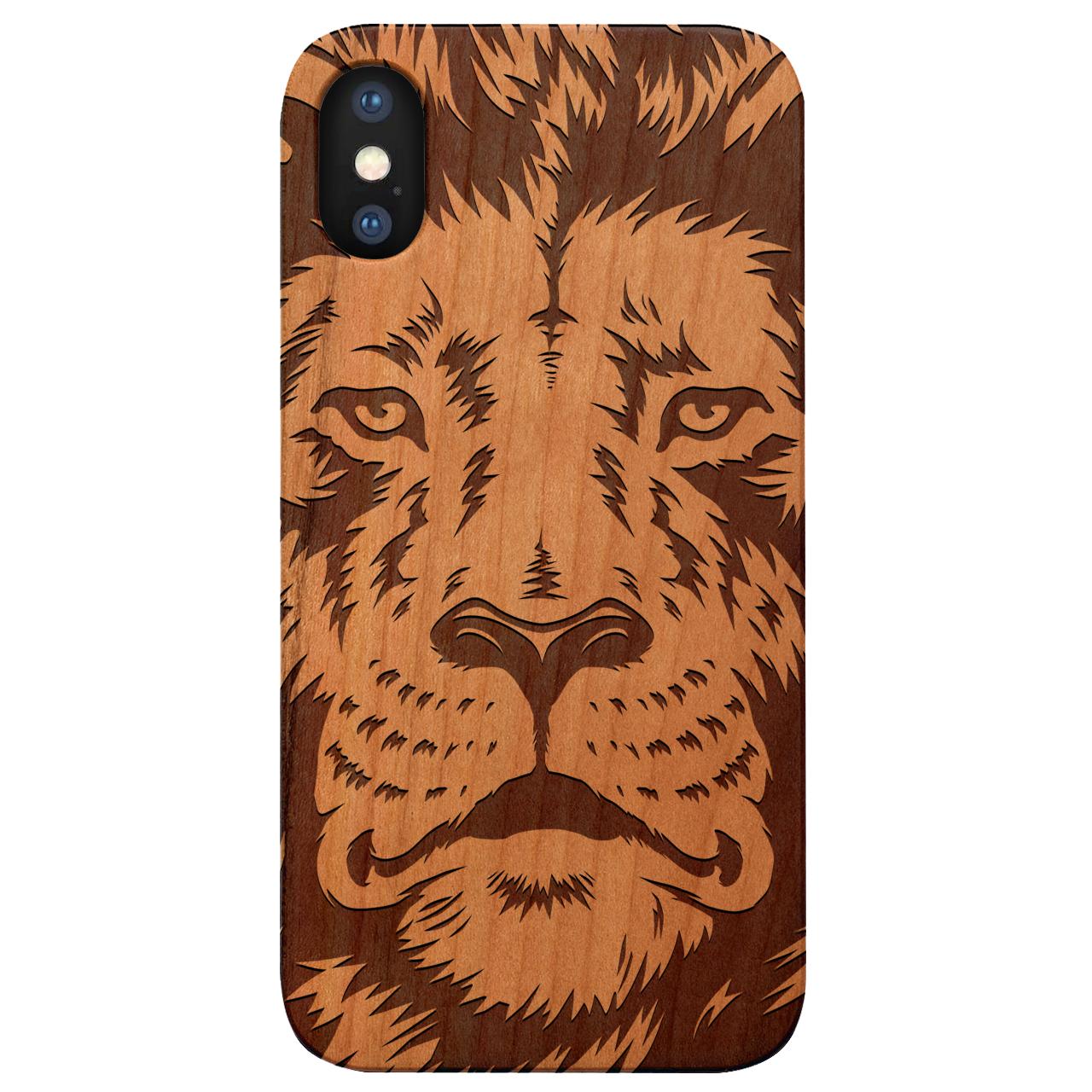 Lion Face 2 - Engraved wooden phone case showcasing intricate lion design and natural wood finish.