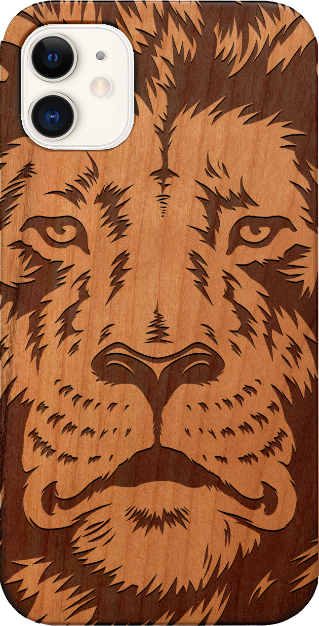 Lion Face 2 - Engraved wooden phone case showcasing intricate lion design and natural wood finish.