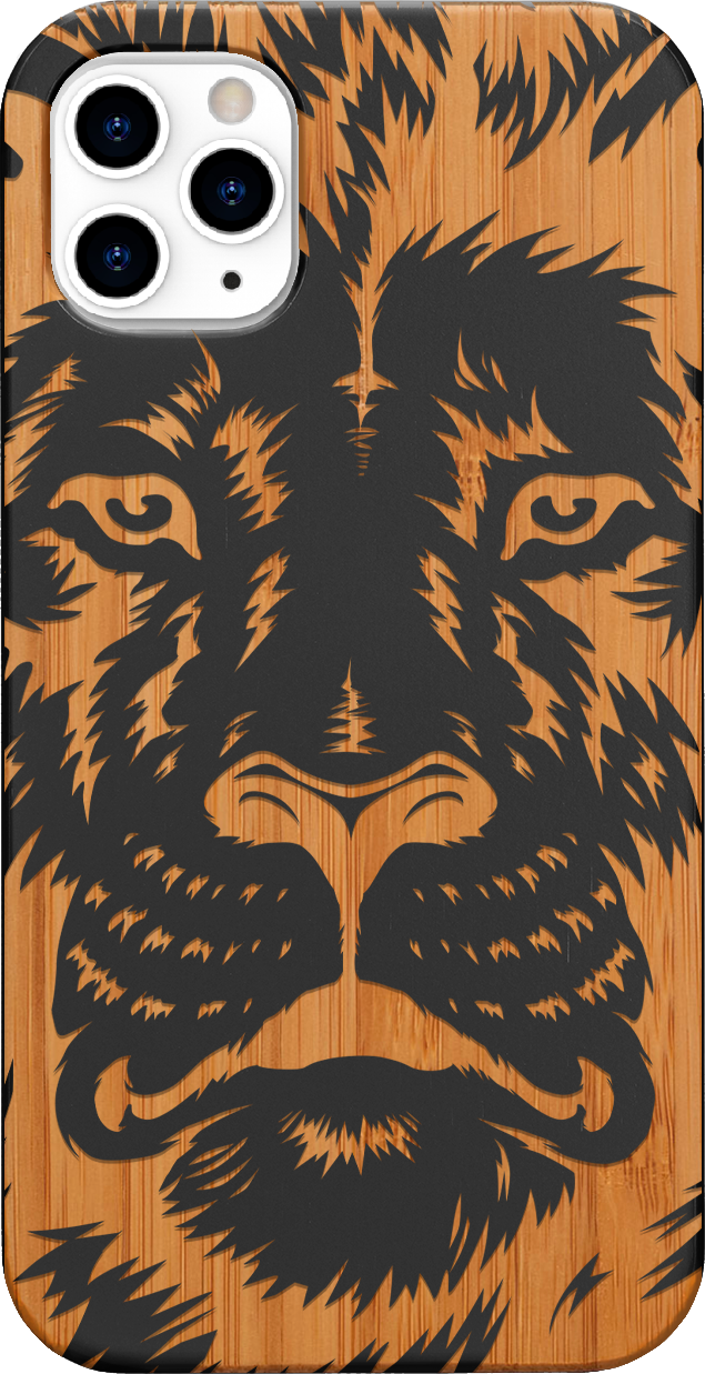 Lion Face 2 - Engraved wooden phone case showcasing intricate lion design and natural wood finish.