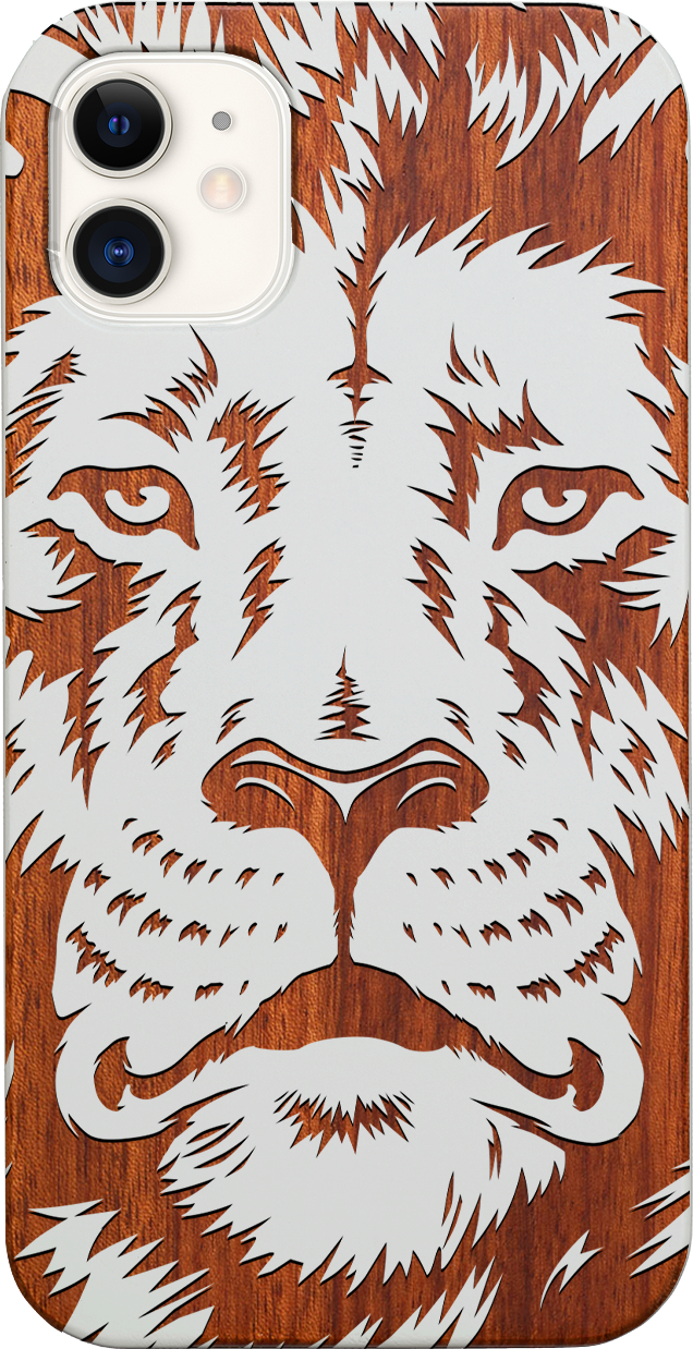 Lion Face 2 - Engraved wooden phone case showcasing intricate lion design and natural wood finish.