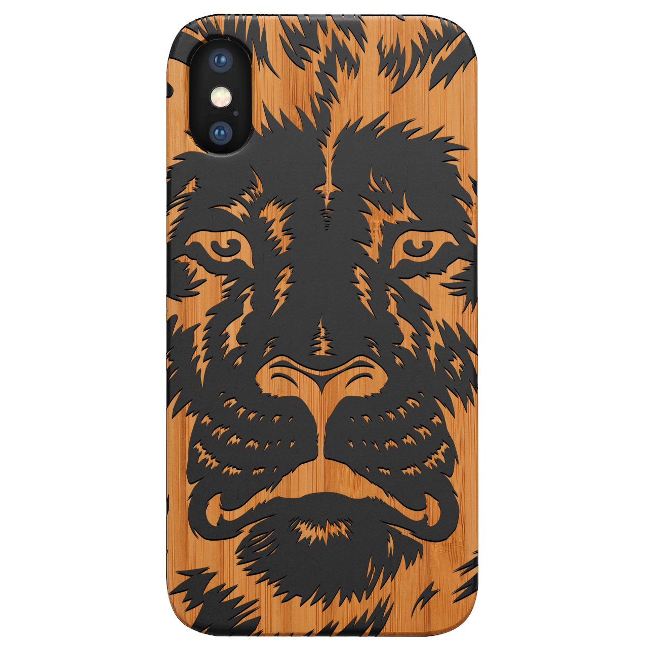 Lion Face 2 - Engraved wooden phone case showcasing intricate lion design and natural wood finish.