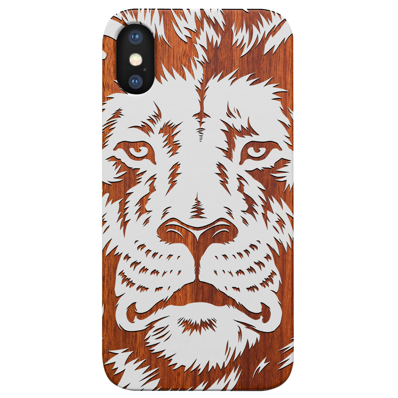 Lion Face 2 - Engraved wooden phone case showcasing intricate lion design and natural wood finish.