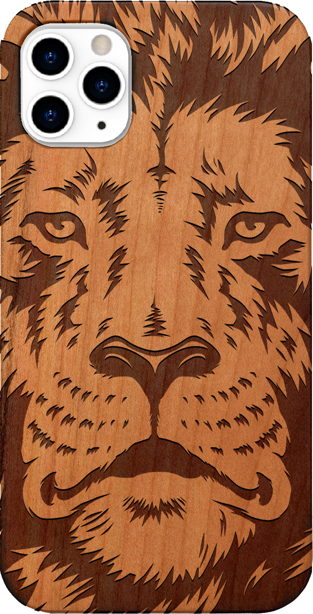 Lion Face 2 - Engraved wooden phone case showcasing intricate lion design and natural wood finish.