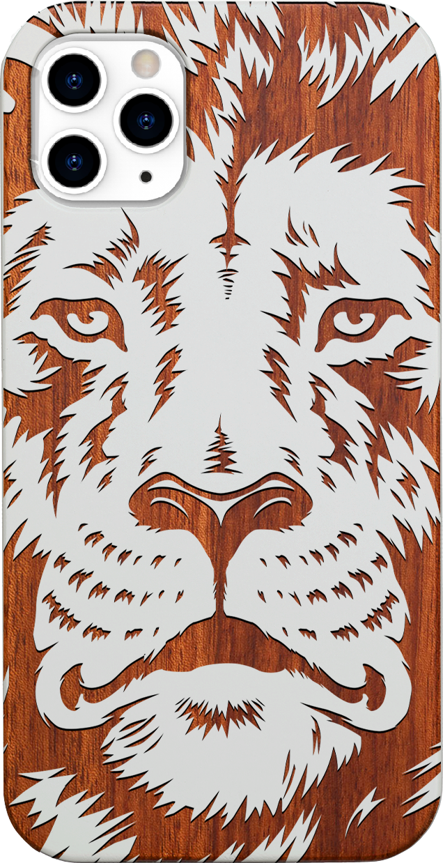 Lion Face 2 - Engraved wooden phone case showcasing intricate lion design and natural wood finish.