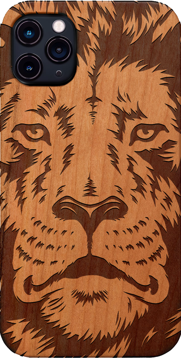 Lion Face 2 - Engraved wooden phone case showcasing intricate lion design and natural wood finish.