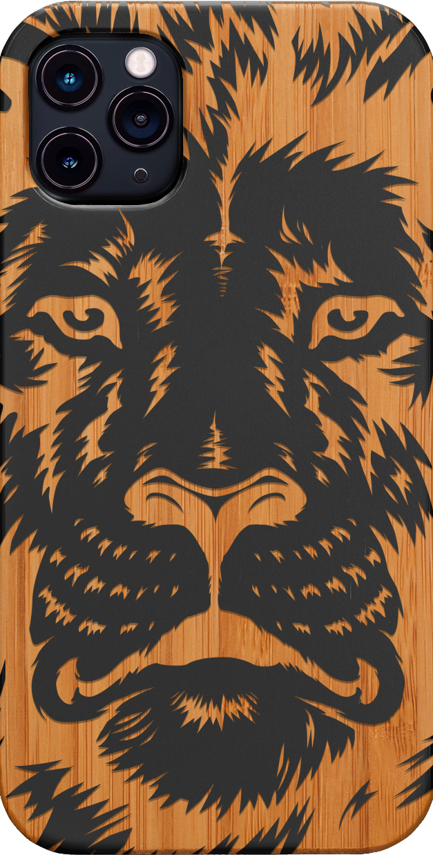 Lion Face 2 - Engraved wooden phone case showcasing intricate lion design and natural wood finish.