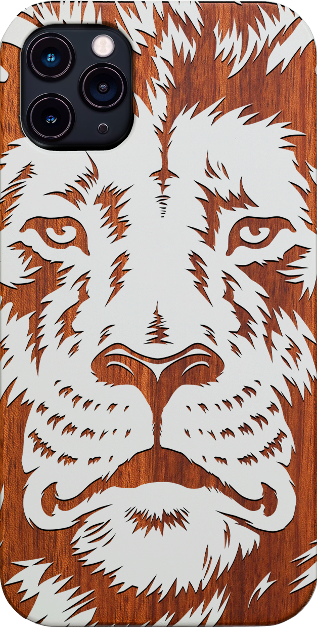 Lion Face 2 - Engraved wooden phone case showcasing intricate lion design and natural wood finish.