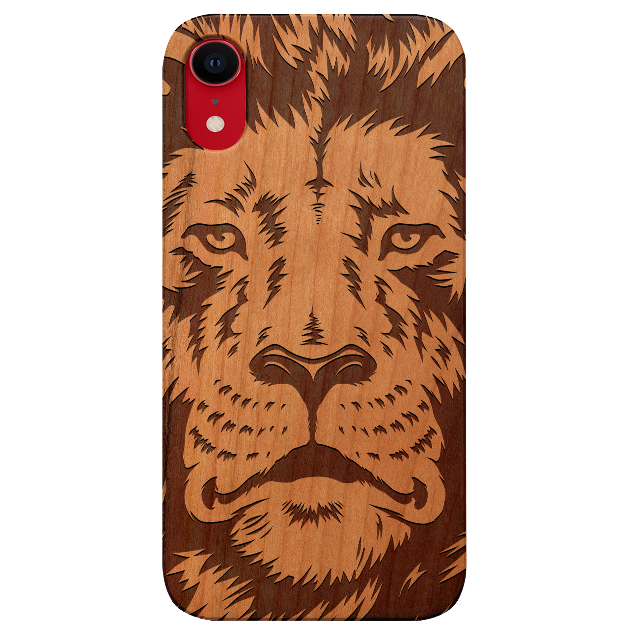 Lion Face 2 - Engraved wooden phone case showcasing intricate lion design and natural wood finish.