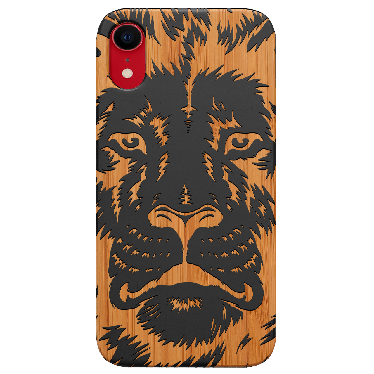 Lion Face 2 - Engraved wooden phone case showcasing intricate lion design and natural wood finish.