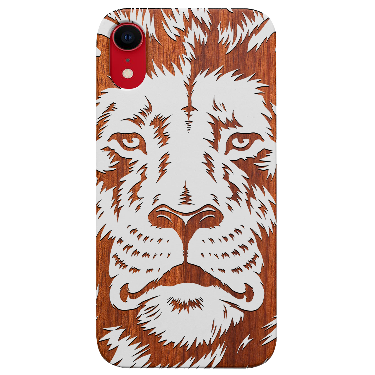 Lion Face 2 - Engraved wooden phone case showcasing intricate lion design and natural wood finish.