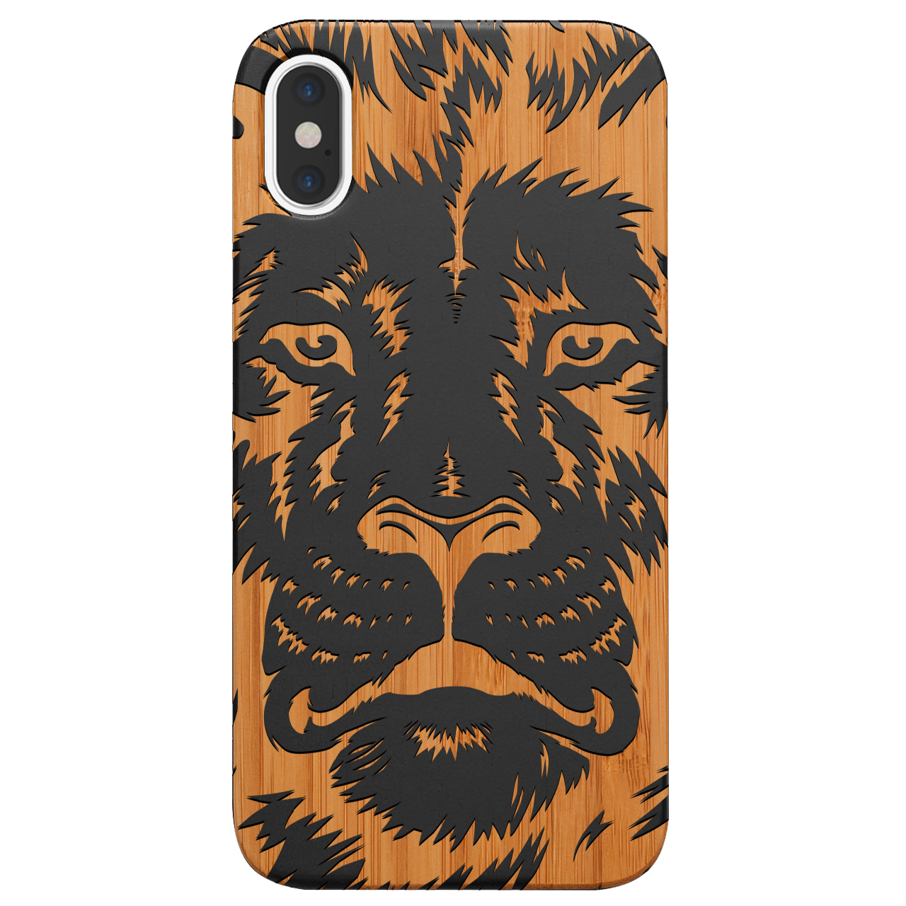 Lion Face 2 - Engraved wooden phone case showcasing intricate lion design and natural wood finish.