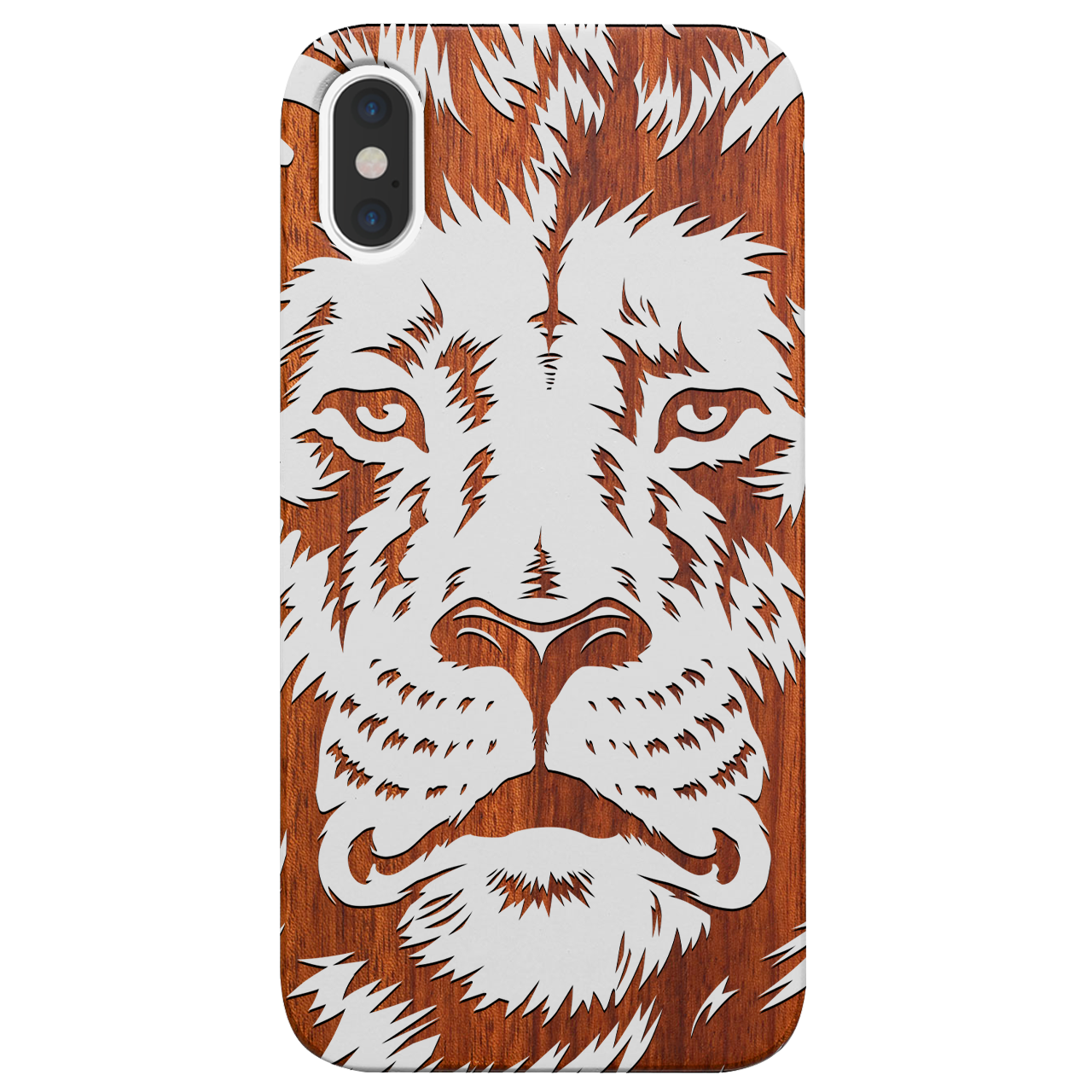 Lion Face 2 - Engraved wooden phone case showcasing intricate lion design and natural wood finish.