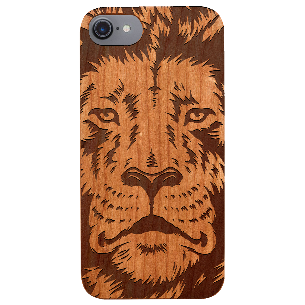 Lion Face 2 - Engraved wooden phone case showcasing intricate lion design and natural wood finish.