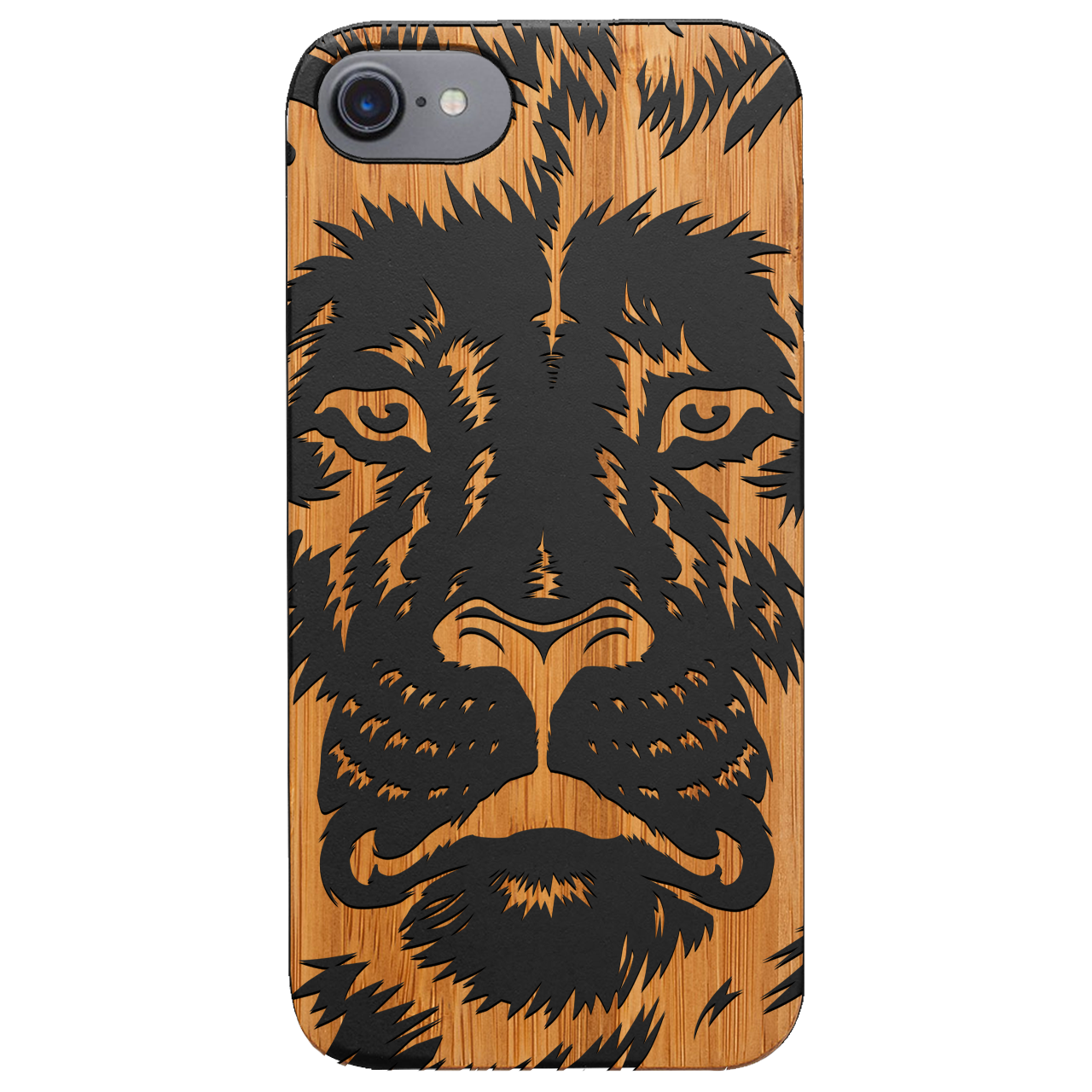 Lion Face 2 - Engraved wooden phone case showcasing intricate lion design and natural wood finish.