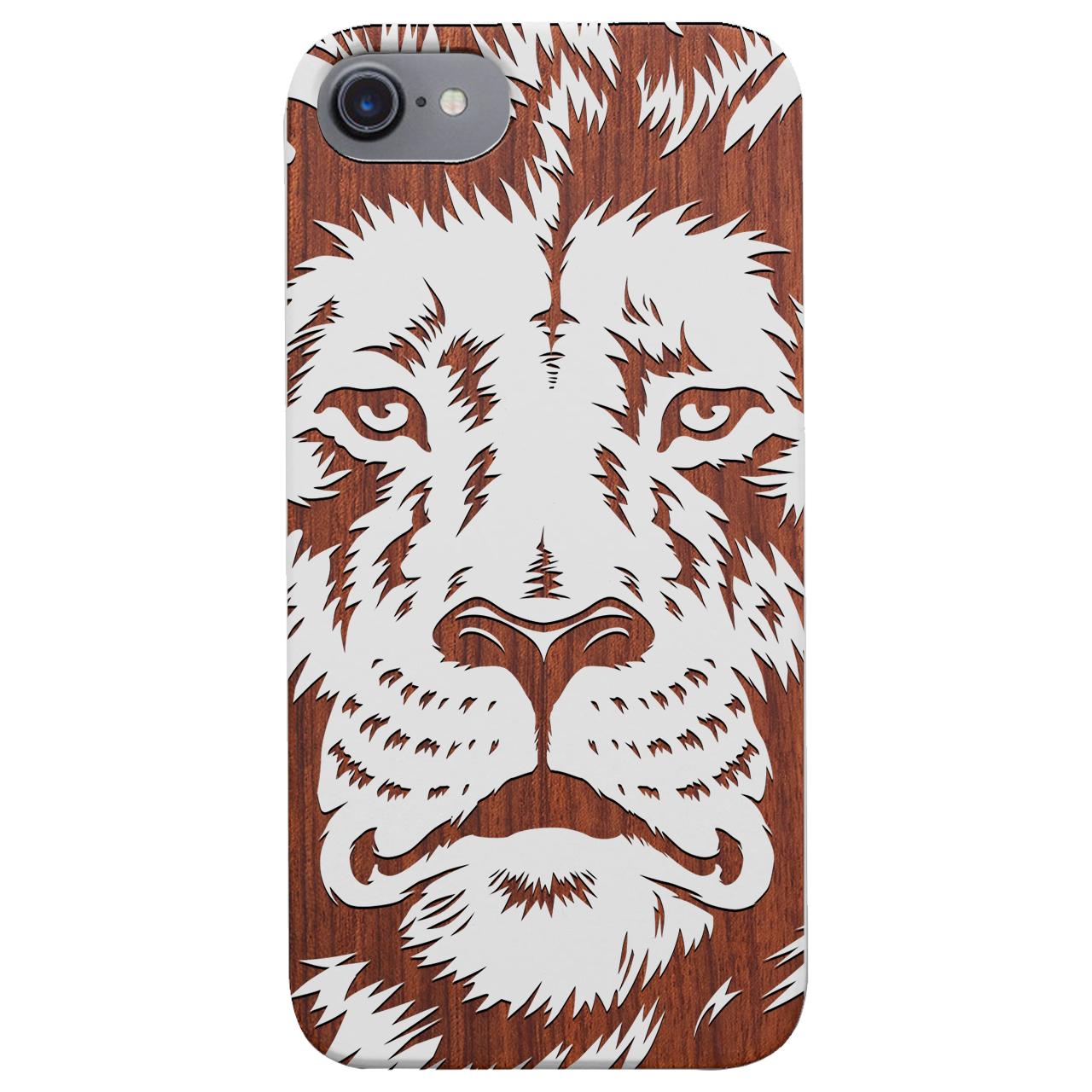 Lion Face 2 - Engraved wooden phone case showcasing intricate lion design and natural wood finish.