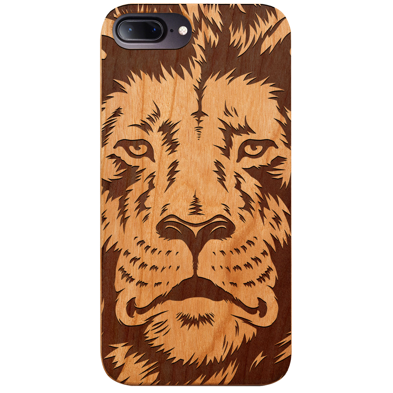 Lion Face 2 - Engraved wooden phone case showcasing intricate lion design and natural wood finish.