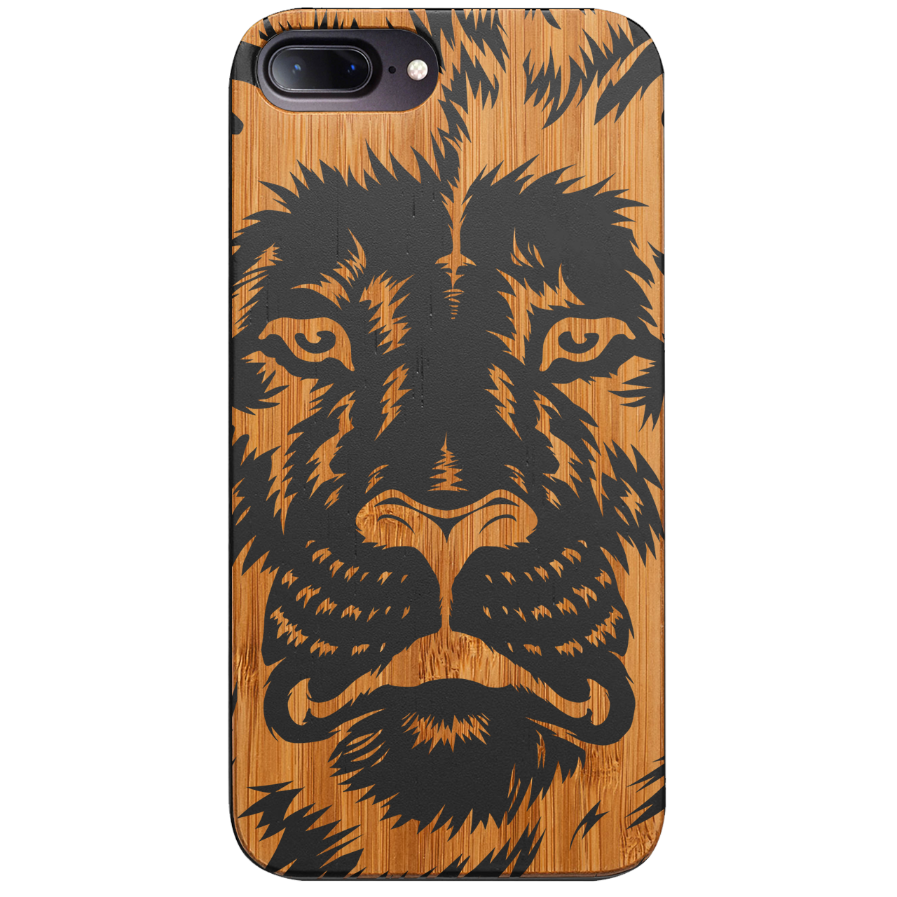 Lion Face 2 - Engraved wooden phone case showcasing intricate lion design and natural wood finish.