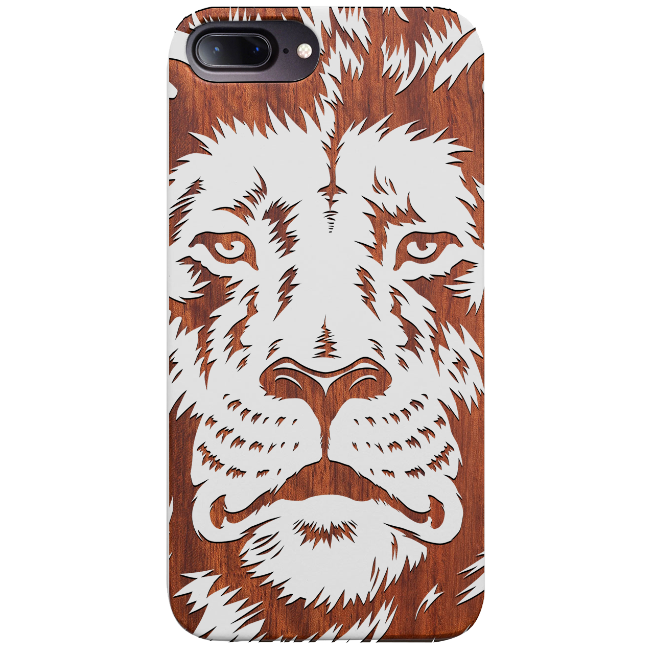 Lion Face 2 - Engraved wooden phone case showcasing intricate lion design and natural wood finish.