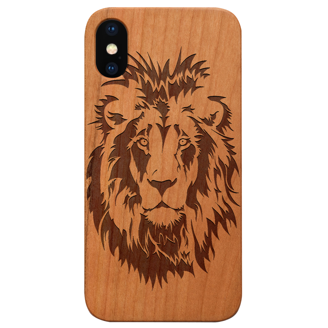 Lion Face 5 - Engraved wooden phone case featuring a detailed lion design, crafted from natural wood with a durable finish.