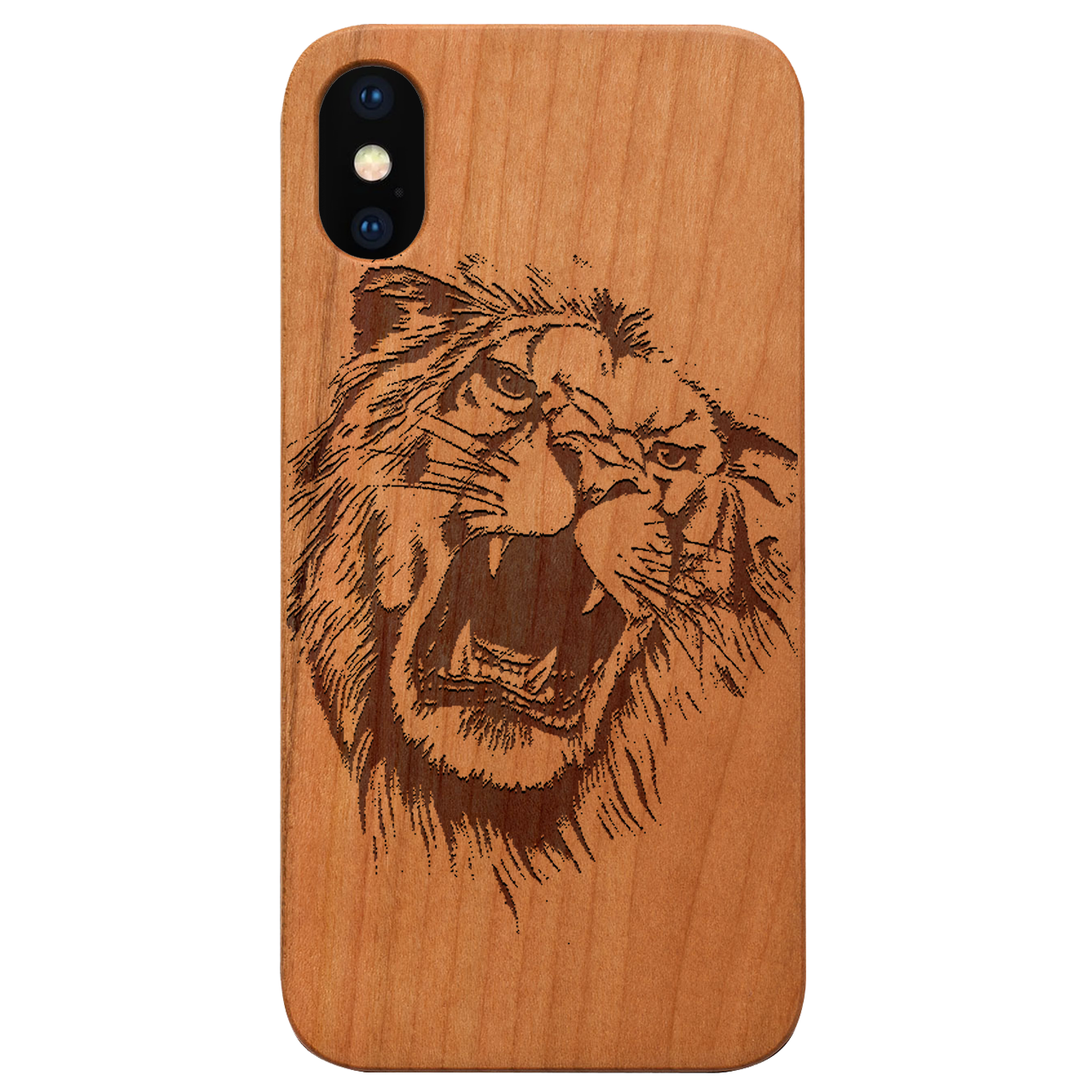 Lion Face 6 - Engraved wooden phone case featuring a detailed lion design, crafted from natural wood with a durable rubber bumper.