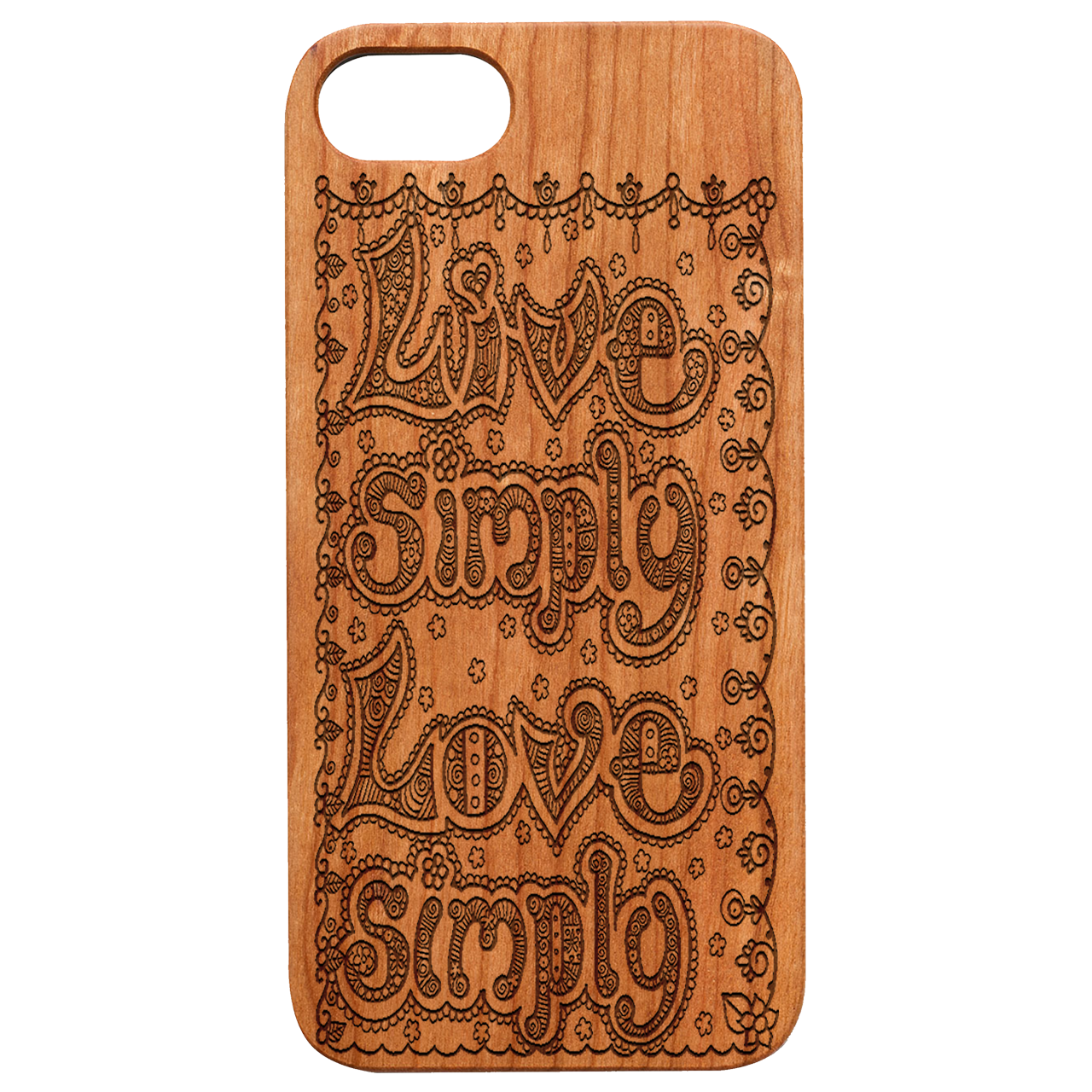 Live Simply Engraved wooden phone case showcasing unique laser-engraved design and natural wood finish.