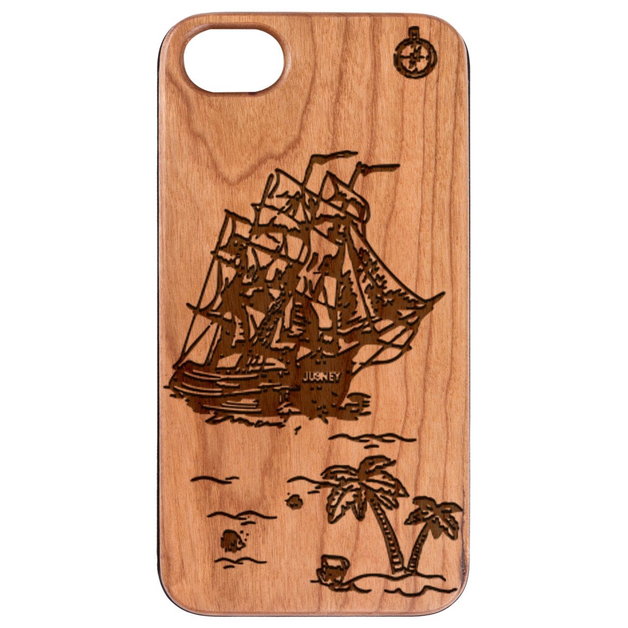 Lost Is Land Engraved wooden phone case showcasing unique laser-engraved design and natural wood finish.