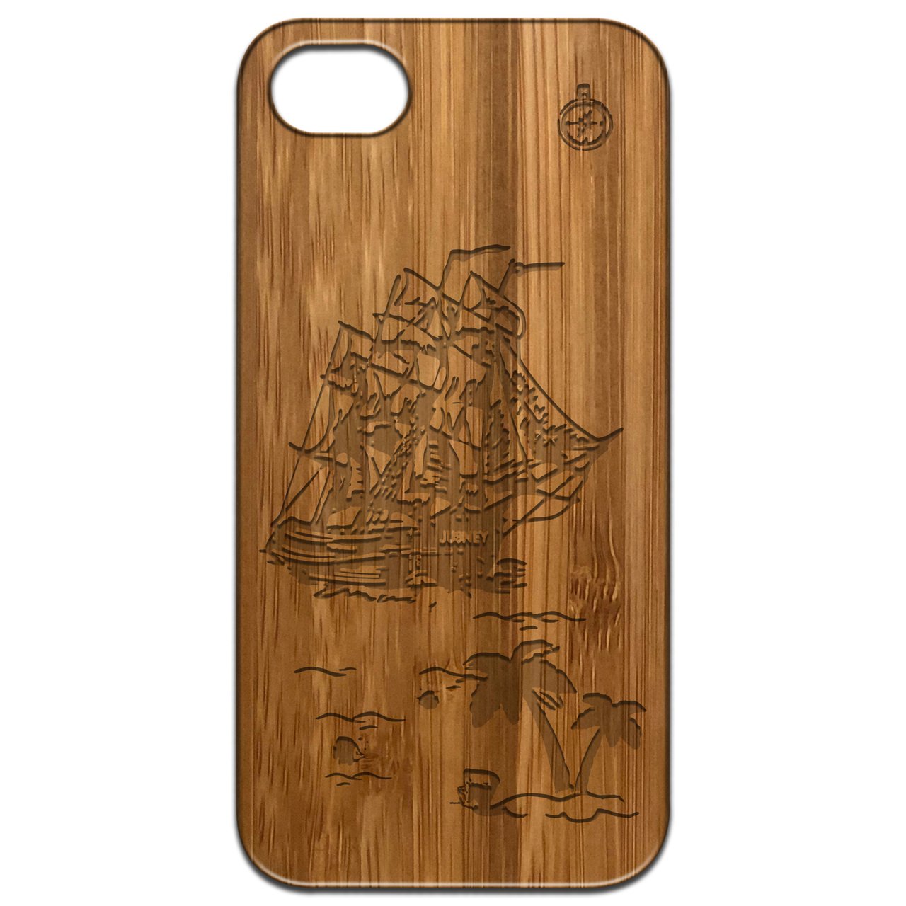 Lost Is Land Engraved wooden phone case showcasing unique laser-engraved design and natural wood finish.