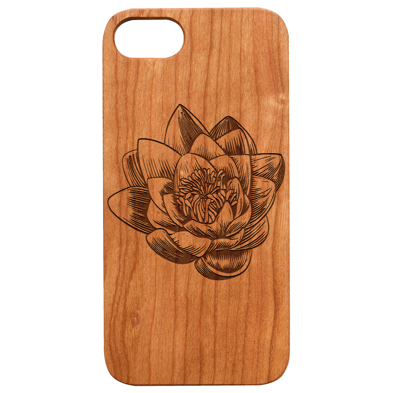 Lotus Flower Engraved wooden phone case showcasing intricate design and natural wood finish.