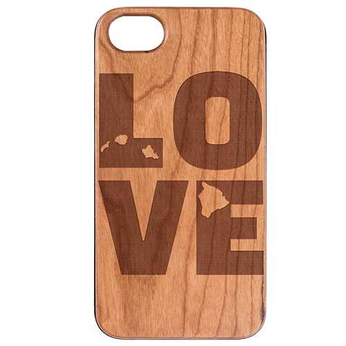 Love Hawaii Map engraved wooden phone case showcasing intricate design and natural wood finish.