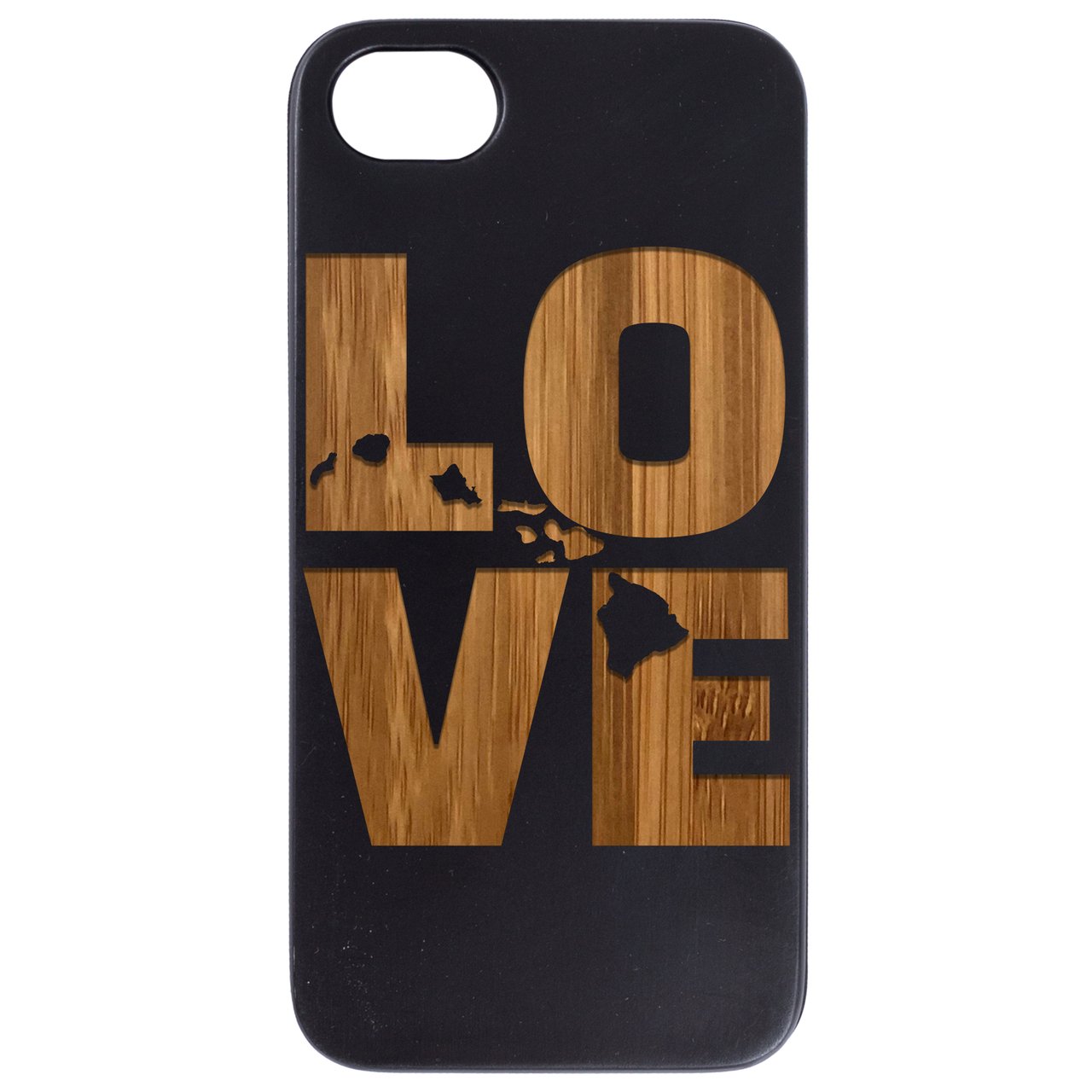 Love Hawaii Map engraved wooden phone case showcasing intricate design and natural wood finish.